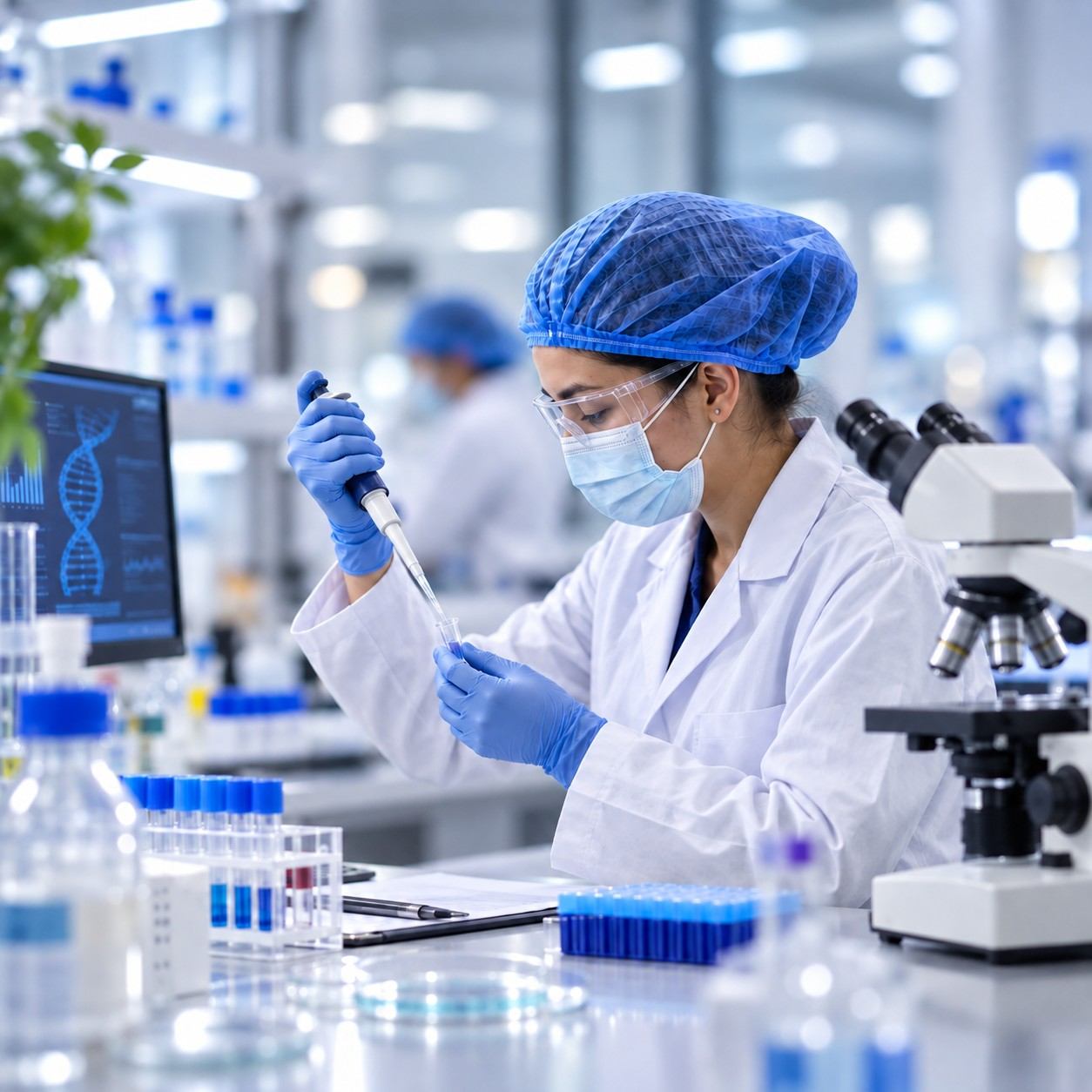 Laboratory researcher looking through a microscope